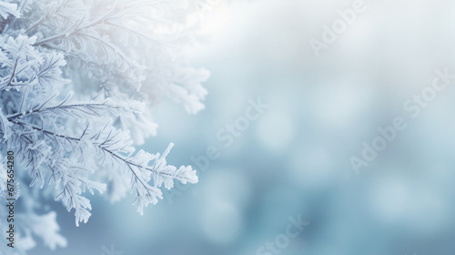 Winter blurred background with snowfall and frosted spruce brunches photo