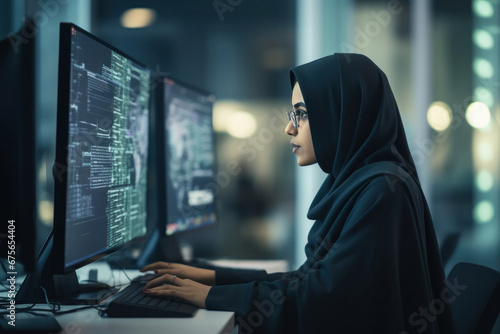 Young islamic religious woman in hijab working on laptop at office. photo