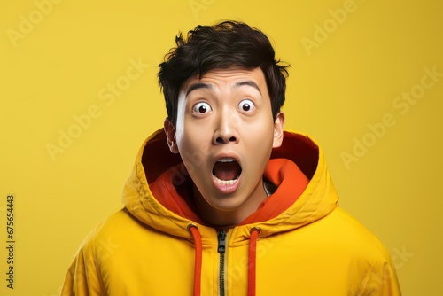 Portrait of surprised asian man on bright colors studio backgroud, excitement and fascination, shocked and amazed male with unexpected thing happen © CYBERUSS