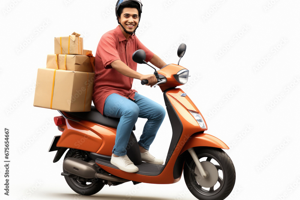 Delivery man riding a scooter with delivery box Delivery man riding a scooter with delivery box
