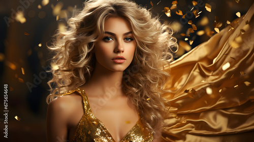fictional blond woman in gold glittering dress on golden glitter background with copy space 
