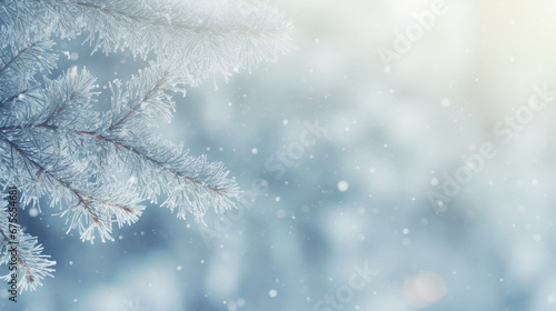 Winter blurred background with snowfall and frosted spruce brunches © amavi.her1717