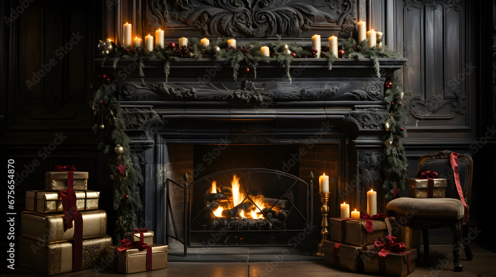 fireplace with christmas decorations, gifts, christmas tree fireplace with christmas decorations, gifts, christmas tree