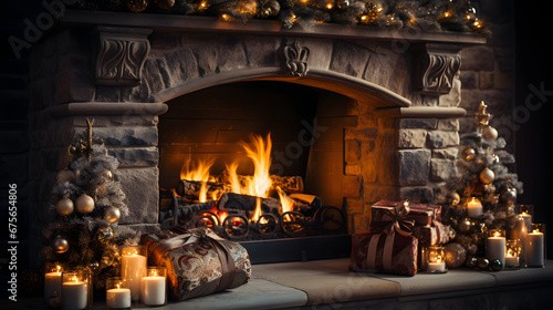 fireplace with christmas decorations, gifts, christmas tree