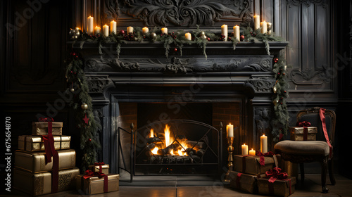 fireplace with christmas decorations, gifts, christmas tree