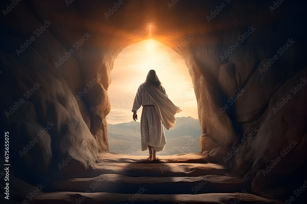 Resurrection Of Jesus at empty tomb during sunrise - obrazy, fototapety, plakaty 