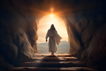 Resurrection Of Jesus at empty tomb during sunrise