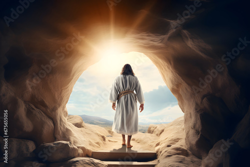 Resurrection Of Jesus at empty tomb during sunrise