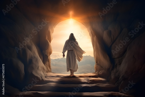 Resurrection Of Jesus at empty tomb during sunrise photo