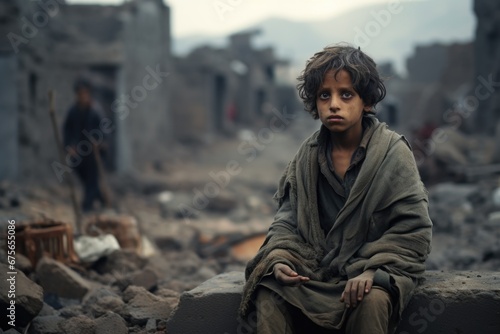 A young boy sitting on a pile of rubble. This image can be used to depict concepts such as destruction  resilience  poverty  or war-torn areas.