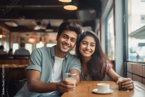 Young indian couple or friends taking taking tea or coffee at restaurant photo