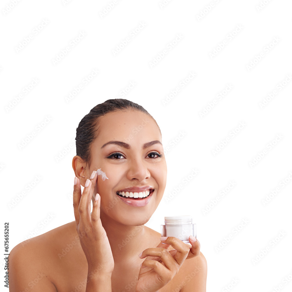 Facial, face cream and woman with beauty, cosmetics and skin glow from dermatology of a happy model. Skincare, smile and lotion product of female person isolated on a transparent, png background Facial, face cream and woman with beauty, cosmetics and skin glow from dermatology of a happy model. Skincare, smile and lotion product of female person isolated on a transparent, png background