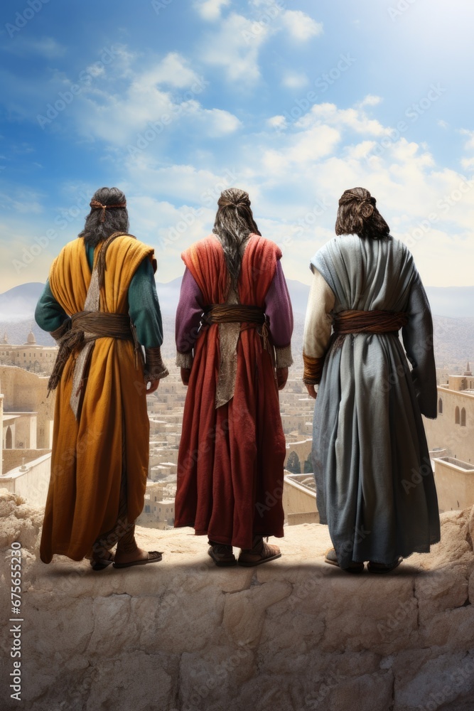 Three men dressed in biblical clothing standing on a ledge. Can be used to depict a scene from a biblical story or as a historical reenactment. Three men dressed in biblical clothing standing on a ledge. Can be used to depict a scene from a biblical story or as a historical reenactment.