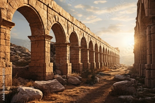 A picturesque scene of the sun setting behind the arches of a stone aqueduct. Perfect for travel brochures or historical publications.