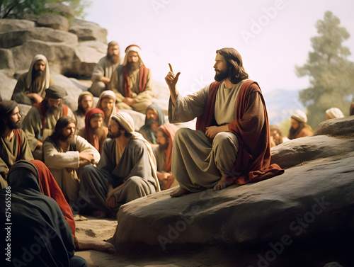 Jesus spreading his teaching to people photo