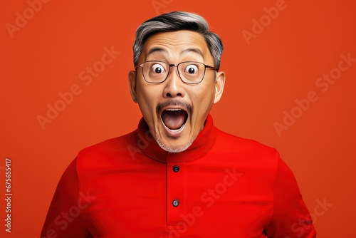 Portrait of surprised middle aged asian woman on bright colors studio backgroud, excitement and fascination, shocked and amazed female with unexpected thing happen © CYBERUSS