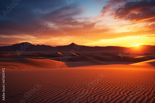 A beautiful image of the sun setting over the sand dunes. Perfect for travel and nature-related projects.
