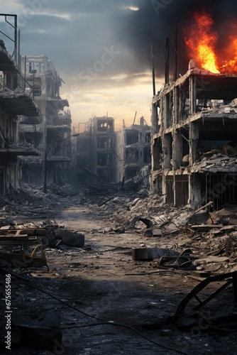 A picture of a city that has been destroyed, with a fire burning in the distance. This image can be used to depict the aftermath of a disaster or to illustrate the concept of destruction and chaos.