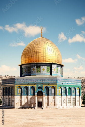 A stunning image of the iconic Dome of the Rock situated in the middle of the desert. Perfect for travel brochures or religious publications.