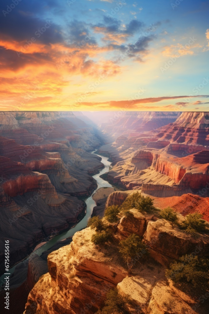 A breathtaking view of the Grand Canyon at sunset. Perfect for travel brochures or nature-themed designs.