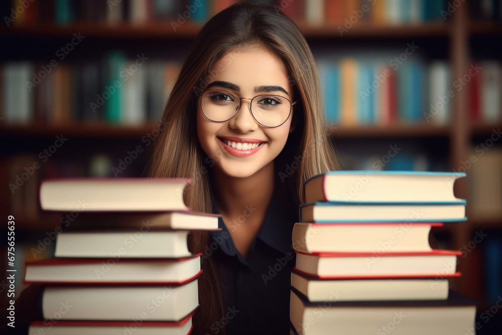 young female student with stack of books young female student with stack of books