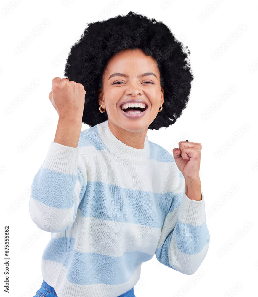 Happy black woman, portrait and win with smile, deal or celebration from bonus. Excited model, motivation and winner cheers of victory or achievement isolated on a transparent, png background Happy black woman, portrait and win with smile, deal or celebration from bonus. Excited model, motivation and winner cheers of victory or achievement isolated on a transparent, png background