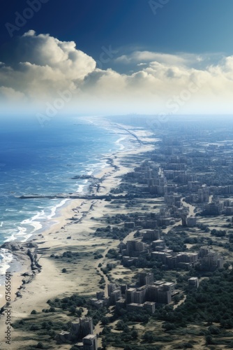 A stunning aerial view of a picturesque beach and the expansive ocean. Perfect for travel brochures or website banners promoting beach destinations.