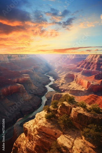 A breathtaking view of the Grand Canyon at sunset. Perfect for travel brochures or nature-themed designs.