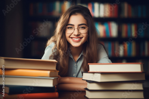 young female student with stack of books
