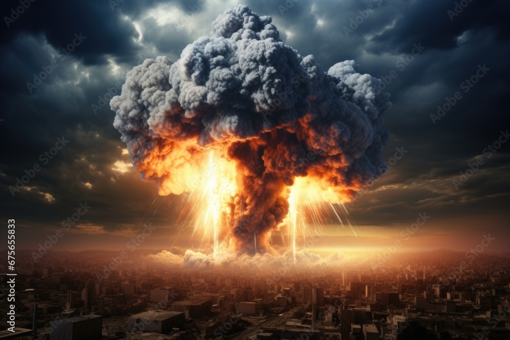 A dramatic image of a city experiencing a massive explosion, with billowing smoke and fire. This image can be used to depict disasters, terrorism, or industrial accidents