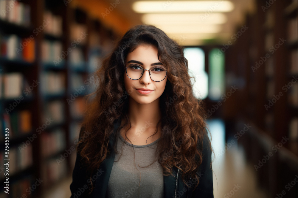 young indian woman standing at college library young indian woman standing at college library