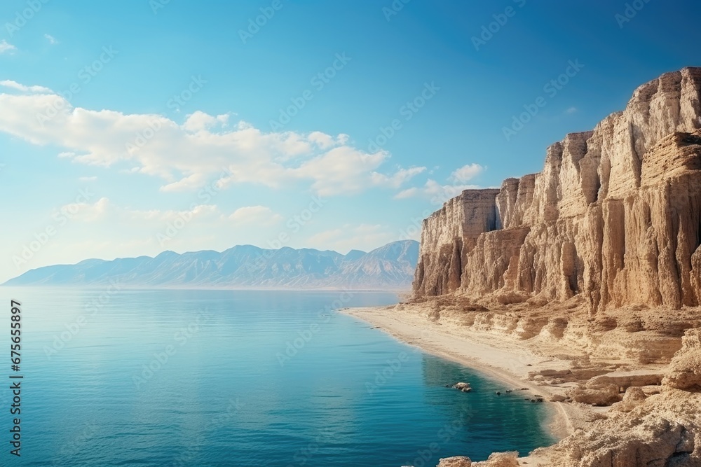 A picturesque view of the ocean with a rugged shoreline. Ideal for travel and nature-themed projects