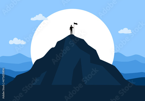 Man standing on top of mountain with flag in flat design. Success leadership concept vector illustration, Business man reach goal.