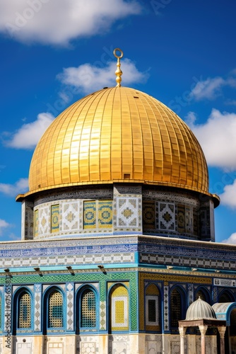 The picture showcases the majestic Dome of the Rock, adorned in gold and blue. This image can be used to depict religious significance and architectural beauty