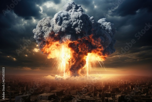A dramatic image of a city experiencing a massive explosion, with billowing smoke and fire. This image can be used to depict disasters, terrorism, or industrial accidents