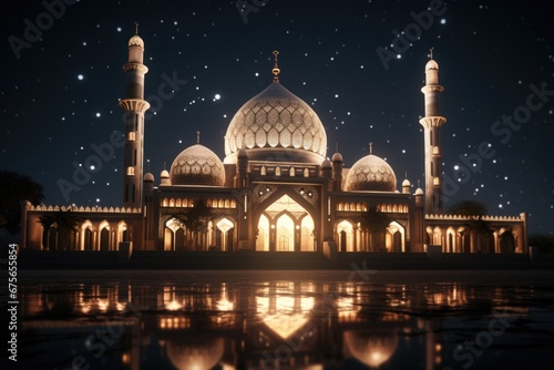 A beautifully lit up mosque stands tall against a backdrop of a starry night sky. Perfect for religious or cultural themes, this image can be used in various design projects