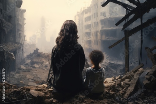 A woman and a child are sitting on a pile of rubble. This image can be used to portray themes of resilience, strength, and rebuilding in the face of adversity photo