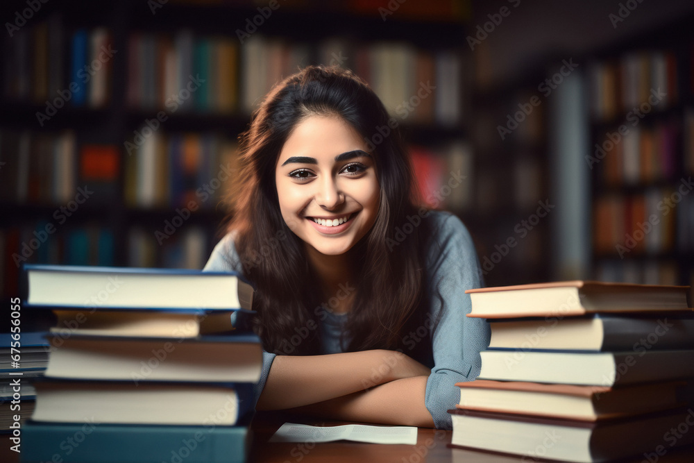 Young college girl sitting in library with many books and smiling Young college girl sitting in library with many books and smiling