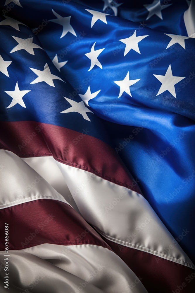 A close up view of a large American flag. This patriotic image can be used to celebrate national holidays or show support for the United States. A close up view of a large American flag. This patriotic image can be used to celebrate national holidays or show support for the United States.