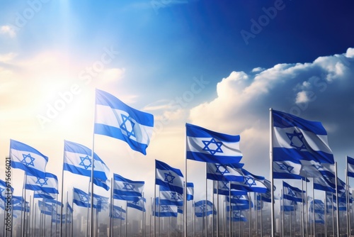 A group of blue and white flags flying in the sky. This image can be used to represent patriotism, celebrations, or international events
