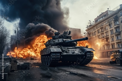 A picture of a tank engulfed in flames in the middle of a street. This image can be used to depict destruction, war, or disaster scenarios