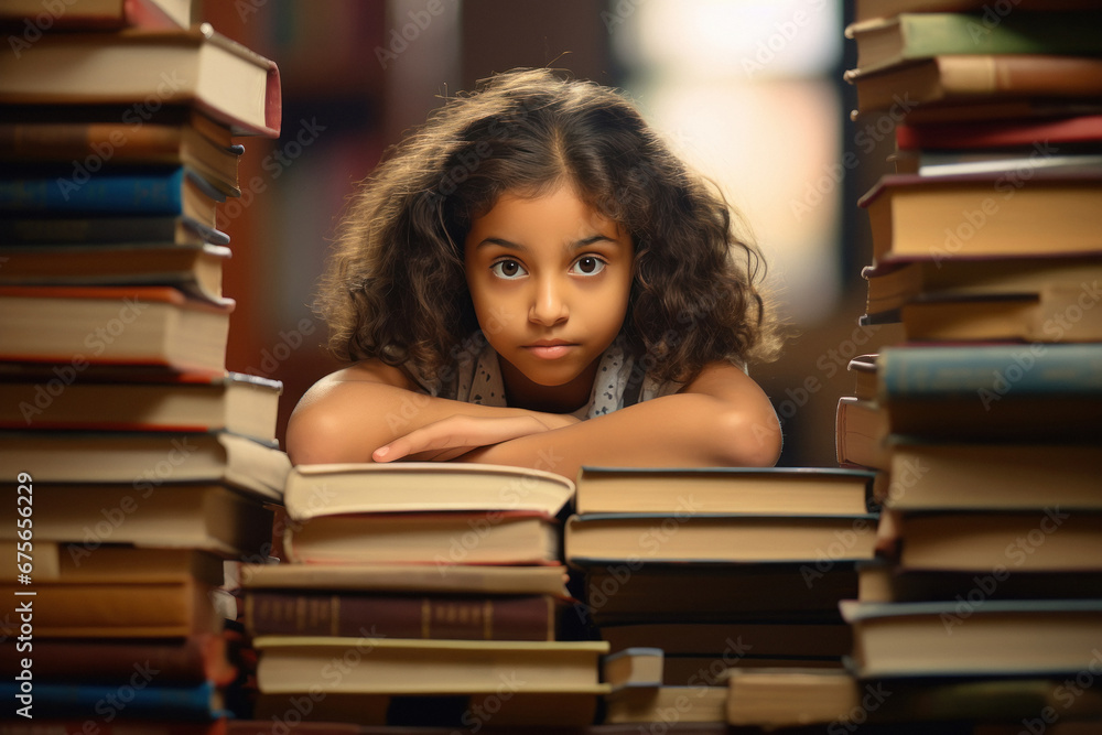 Indian little girl sitting in library with many books Indian little girl sitting in library with many books