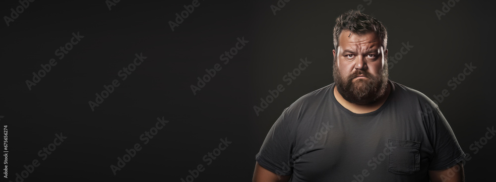 Depressed overweight man standing in modern studio, Portrait of tried chubby man banner with copyspace - obrazy, fototapety, plakaty 