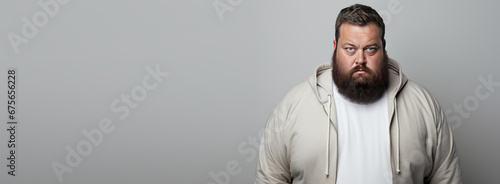 Depressed overweight man standing in modern studio  Portrait of tried chubby man banner with copyspace