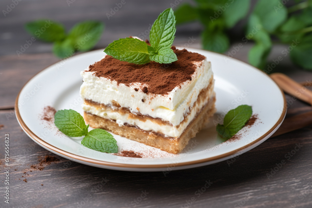 A piece of delicious tiramisu italian dessert cake topped with fresh mint leaves and served on a ceramic plate with a fork isolated on table. Generative AI. A piece of delicious tiramisu italian dessert cake topped with fresh mint leaves and served on a ceramic plate with a fork isolated on table. Generative AI.