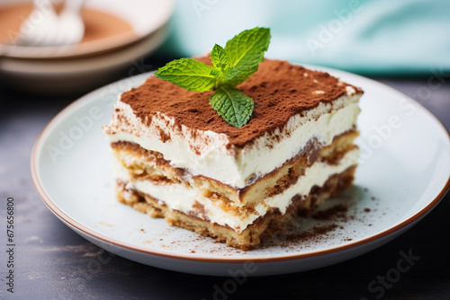 A piece of delicious tiramisu italian dessert cake topped with fresh mint leaves and served on a ceramic plate with a fork isolated on table. Generative AI.
