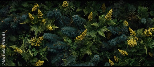 In the lush green forest garden a beautiful frame adorned with a natural background of pine and fir trees showcases a pattern of vibrant yellow foliage leaves adding a touch of organic textu