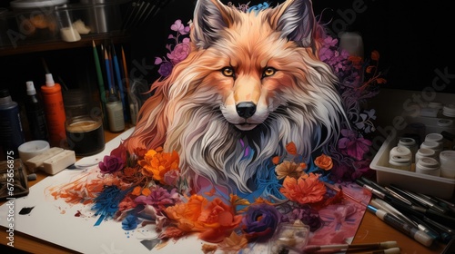 Beautiful creative artist drawing of abstract fox animal on canvas © Aliaksandra