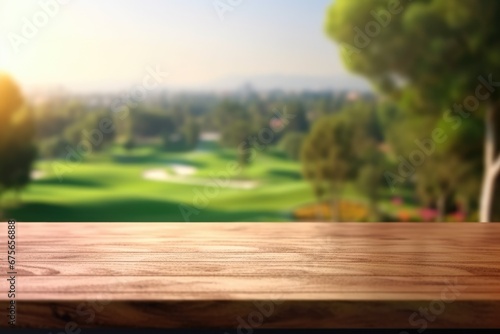 The empty wooden brown table top with blur background of country club. Exuberant image. generative AI
