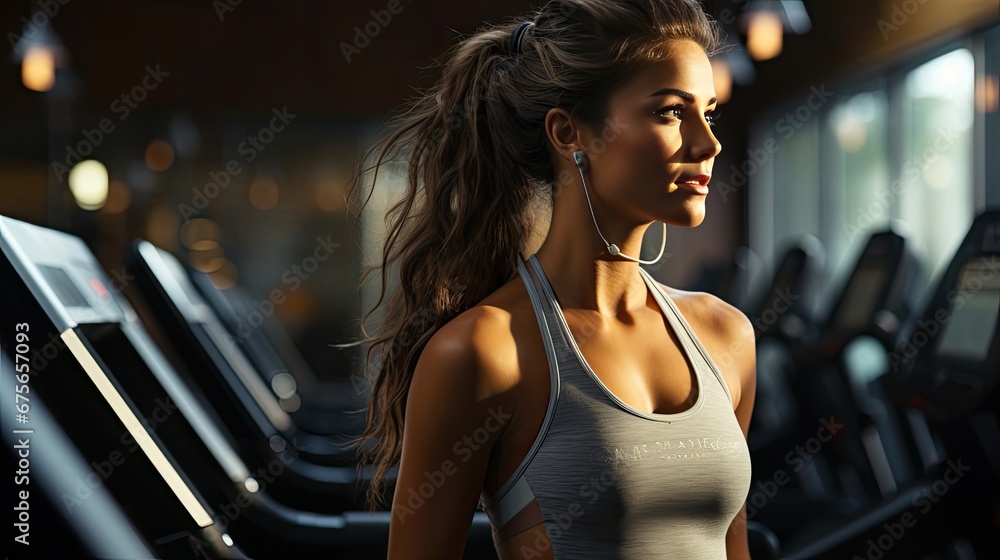 Beautiful slim young woman in sportswear in the gym during a fitness training - obrazy, fototapety, plakaty 